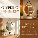 [LEVE 2 PAGUE 1] Espelho Redondo Decorativo Com Alça de Couro e LED + BRINDE: Kit 2 Vasos de Cerâmica