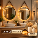 [LEVE 2 PAGUE 1] Espelho Redondo Decorativo Com Alça de Couro e LED + BRINDE: Kit 2 Vasos de Cerâmica